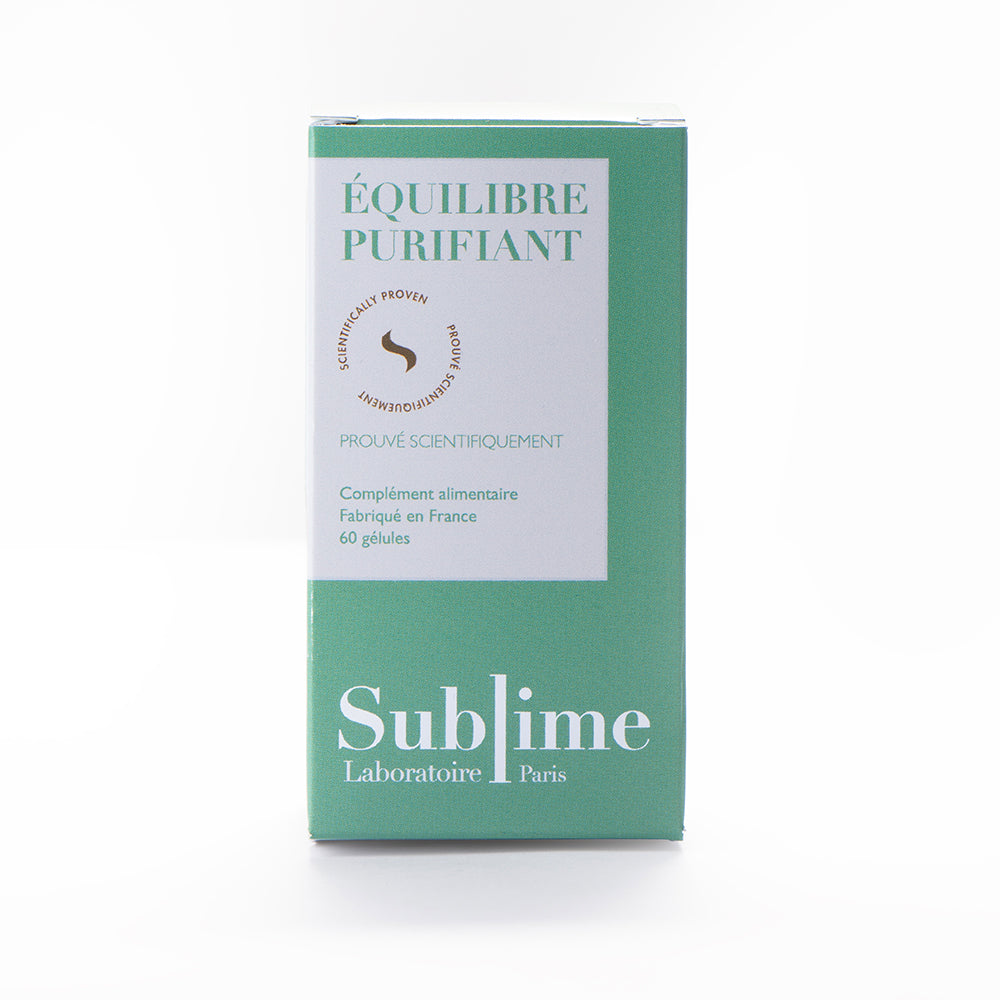 Laboratoire Sublime Purifying Balance detox supplement box, French liver and skin detox formula packaging, minimalist studio photo on white background.