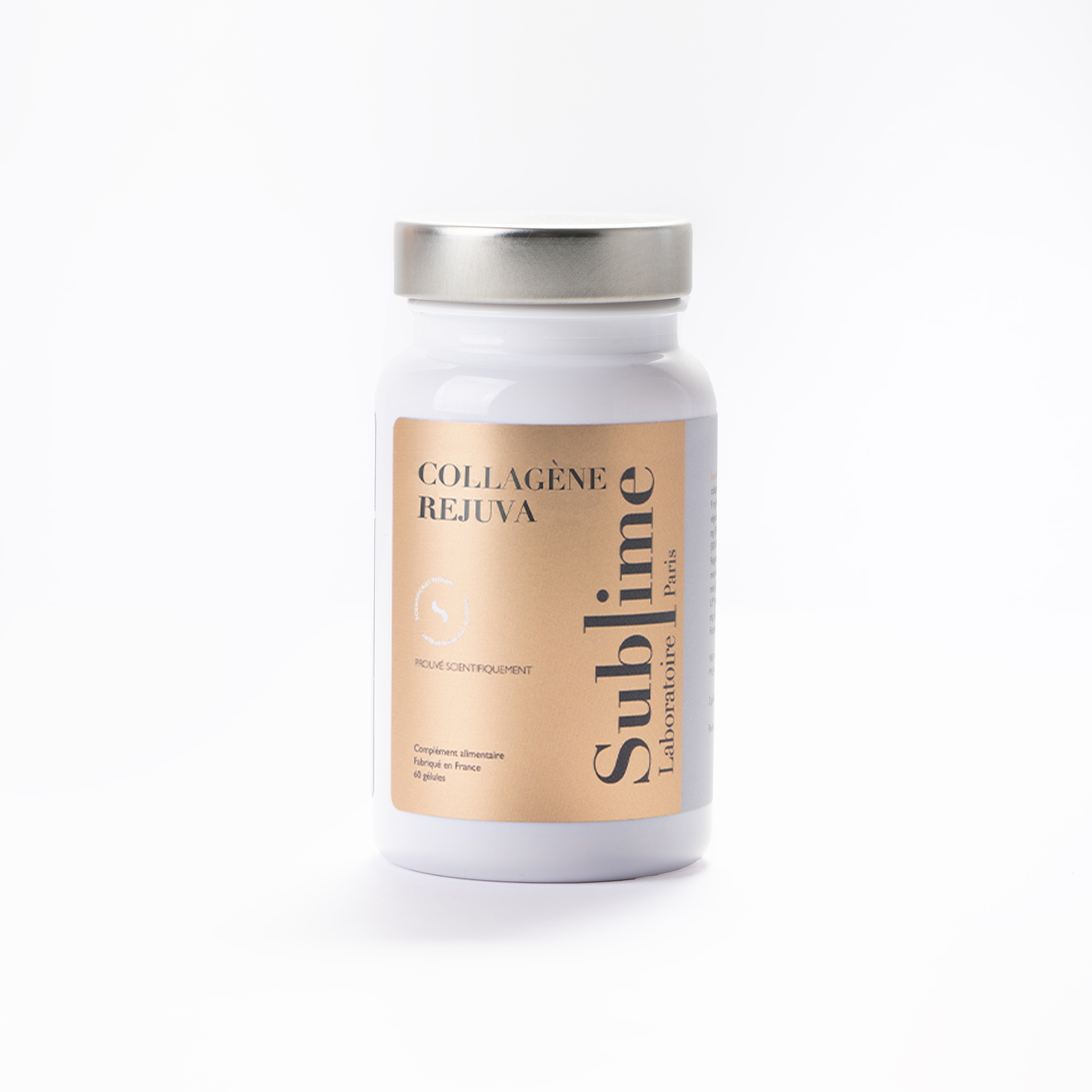 Laboratoire Sublime Rejuva Collagen supplement bottle, French collagen beauty supplement for skin elasticity and glow, front view standing