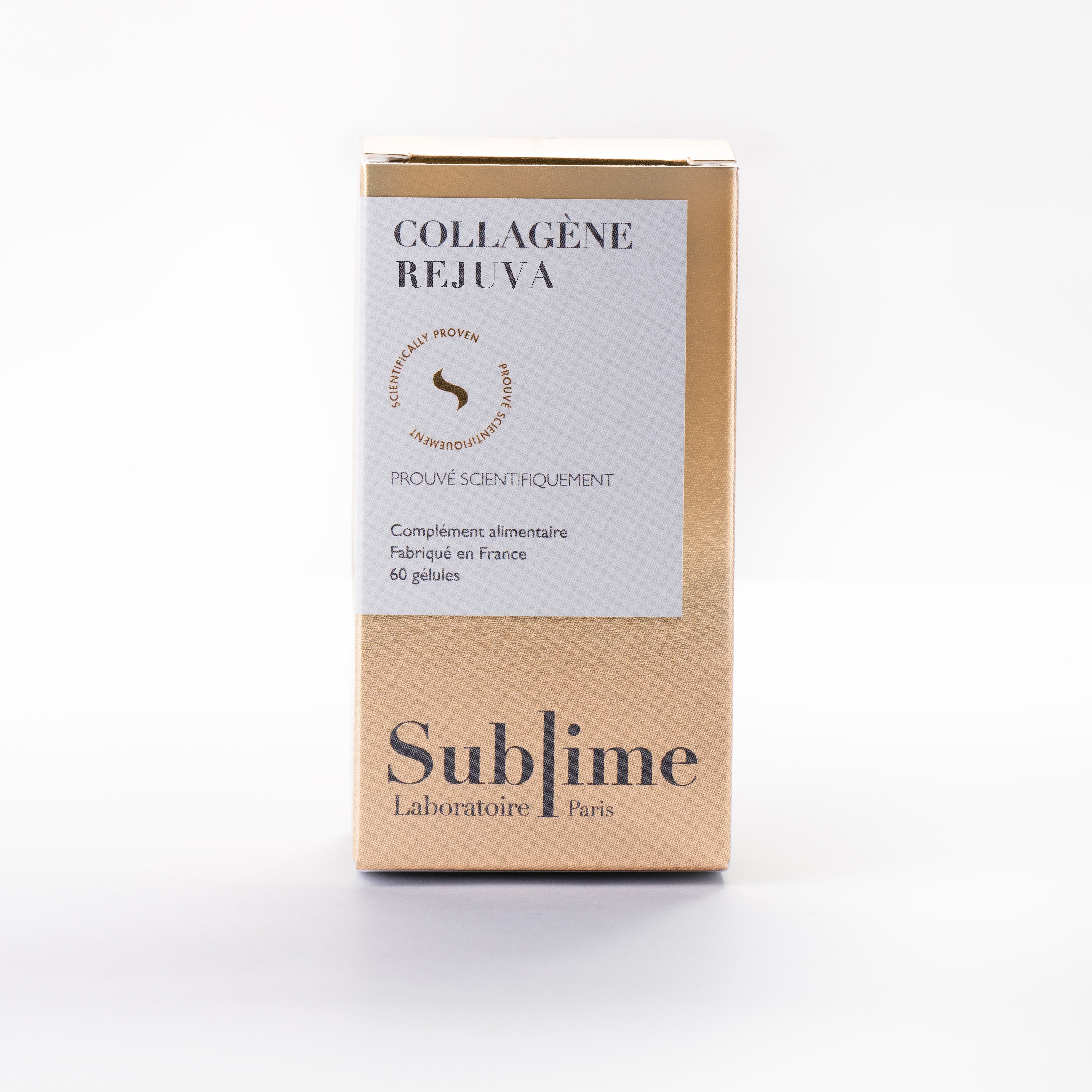 Laboratoire Sublime Rejuva Collagen product box, French collagen supplement packaging, front view on white background.