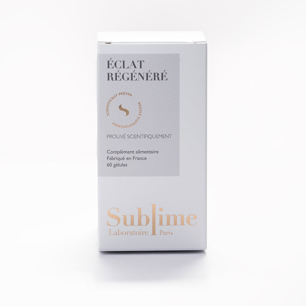 Laboratoire Sublime Regenerated Radiance box, French antioxidant and UV-protection beauty supplement, front product view on white background.
