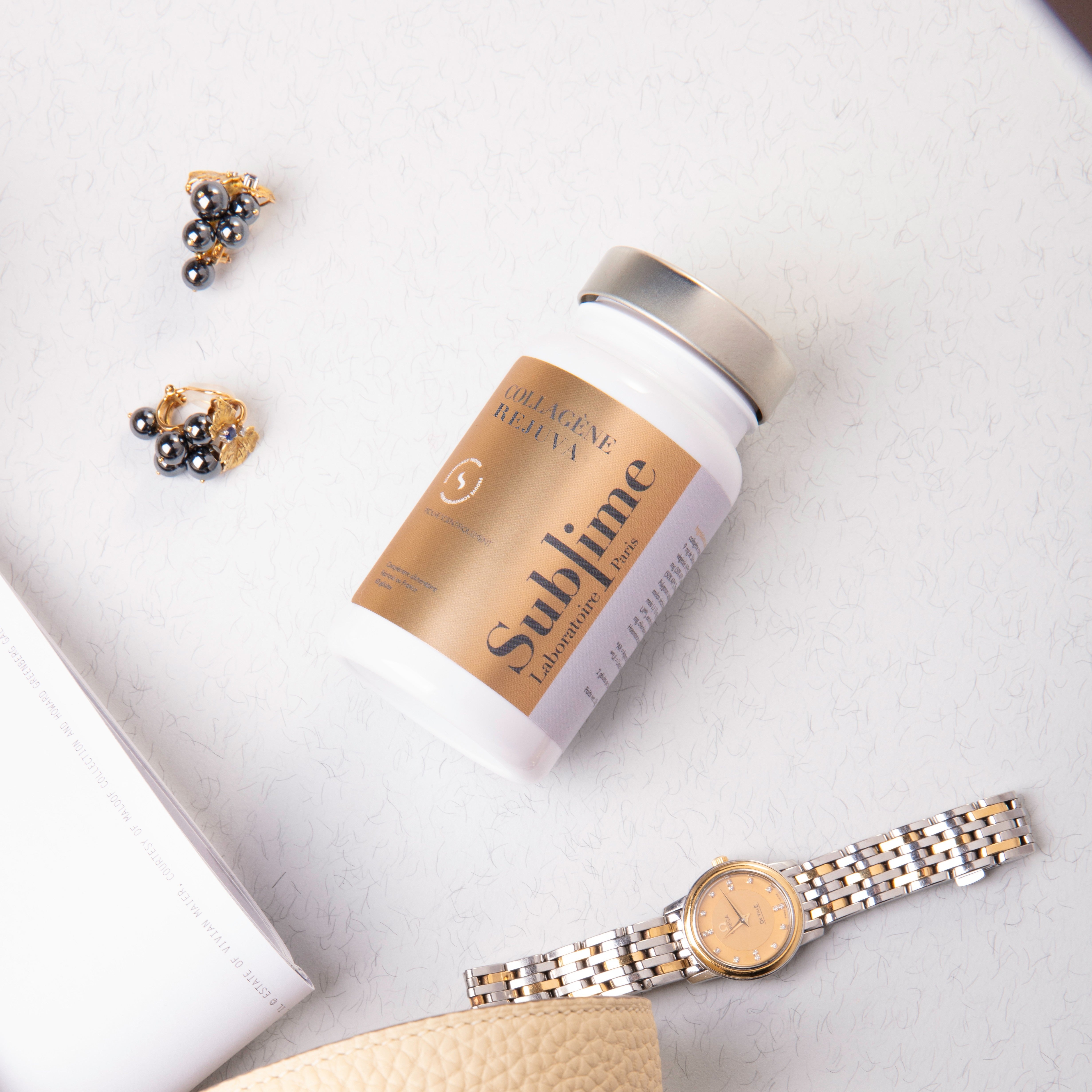 Laboratoire Sublime Rejuva Collagen supplement bottle, French collagen beauty supplement for skin elasticity and glow, top view flat lay.